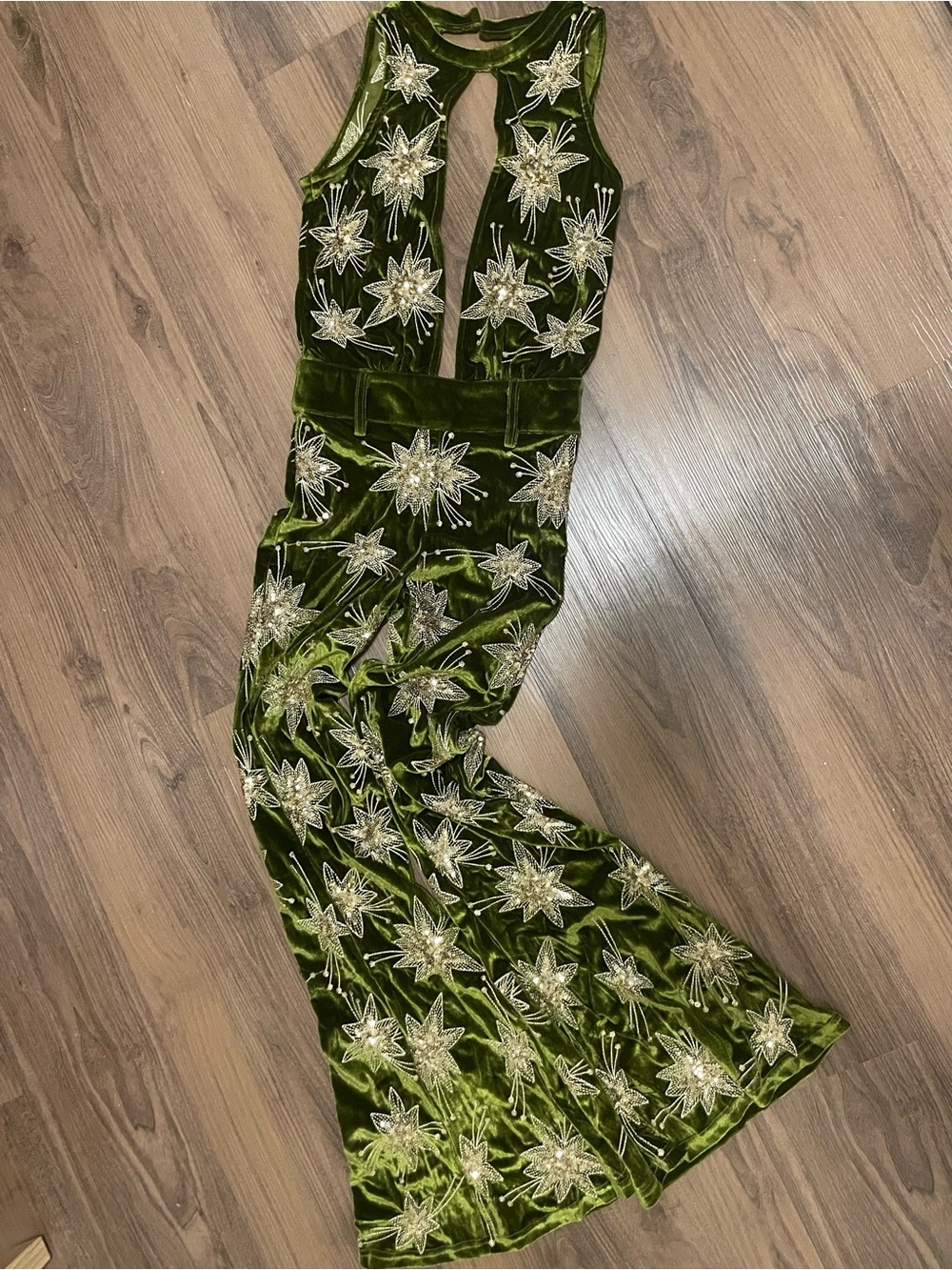 Lenni the Label Embellished Olive Green Velvet Jumpsuit Golden Stars Firework